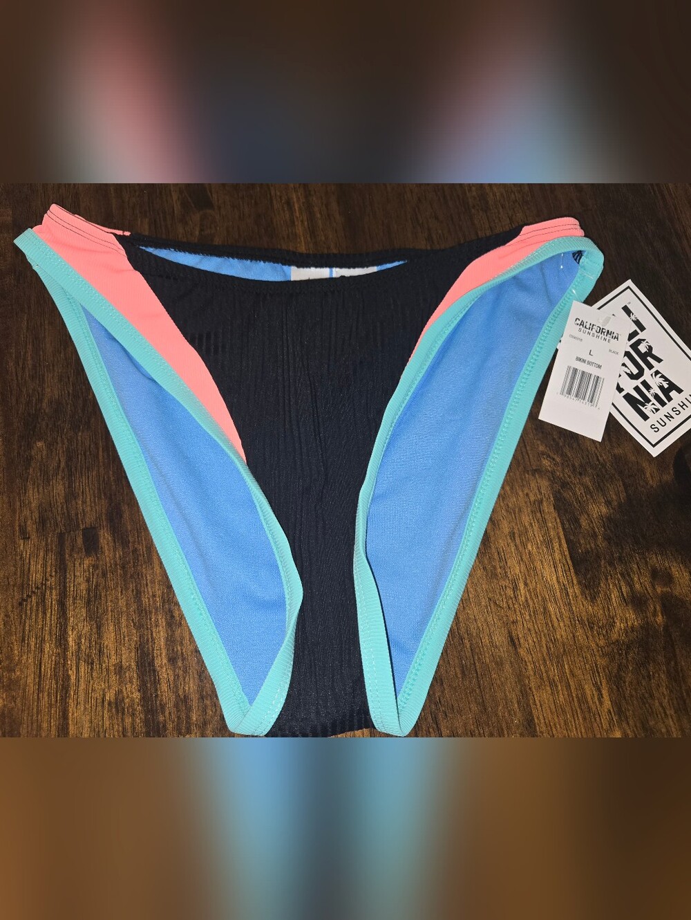 California Sunshine Women's L High-Cut Bikini Bottom . New. Teal Coral, Aqua